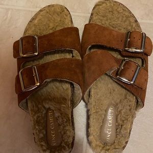 Vince Camuto fuzzy sandals.